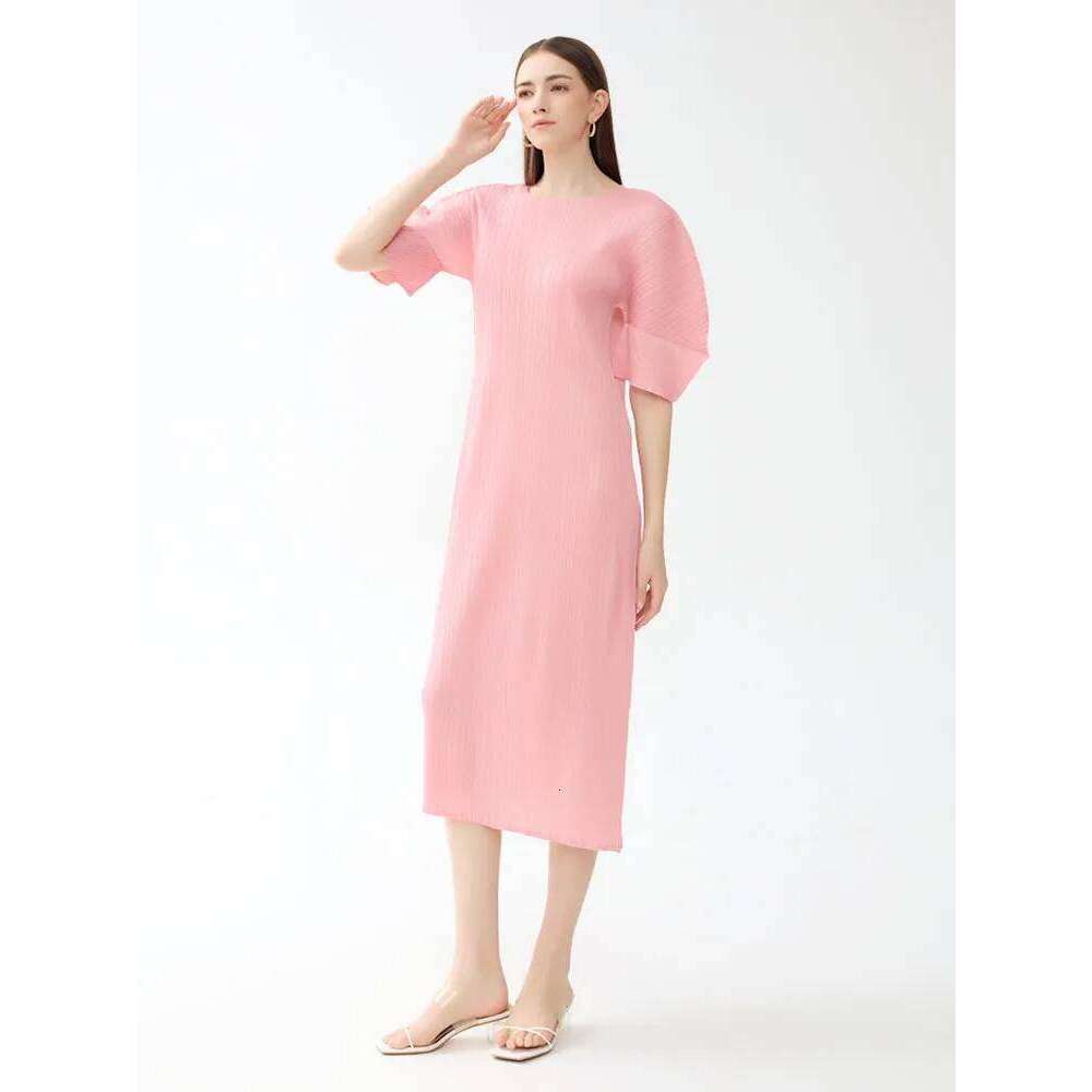 Miyake Pleated Short Sleeve Women Summer New Korean Fashion Solid Color Casual Round Neck Slim Fit Long Dress