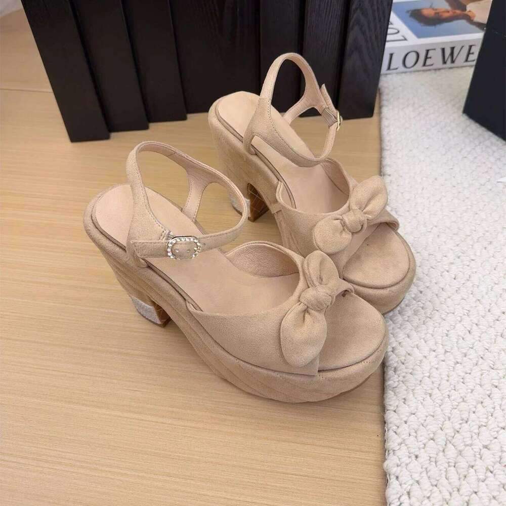 Women Size34-41 Natural Cow Suede Sandals Super High Heels Butterfly Knot Flat Platform Designer Shoes Zapatillas De Mujer f97