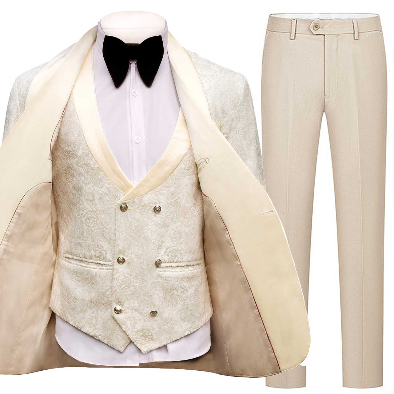 Elegant Jacquard Wedding Tuxedos Jacket Vest Pants Shawl Lapel Men Suits Handsome Groom Wear Party Male Suit Customized