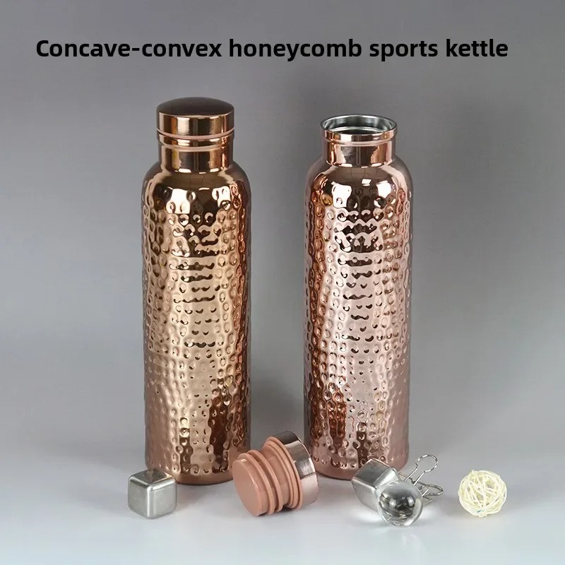 Electroplated Copper Thermos Cup Outdoor Sports Hammered Pattern Kettle with Canvas Bag Sports Large Capacity Leak proof Water Bottle 650ML