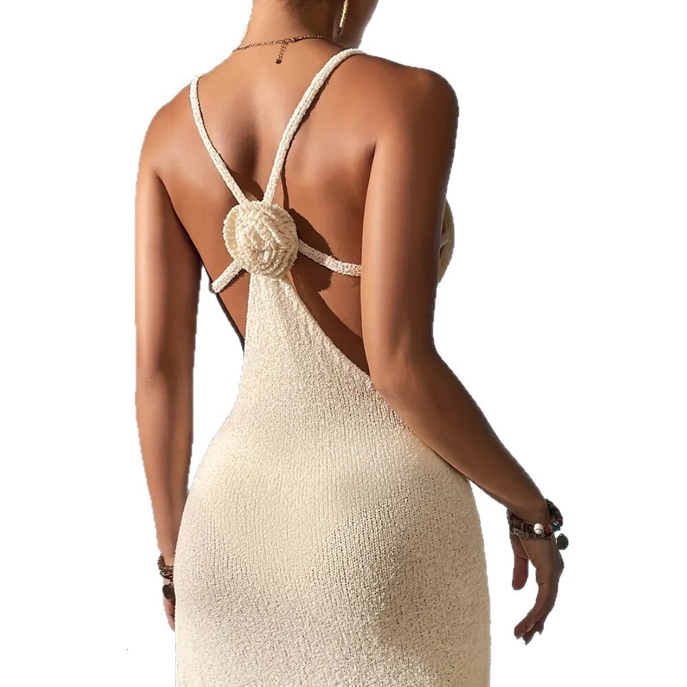 New Sexy Hollow Out Hot Girl Slim Fit See-through Slit Strap Dress Knitted Cover-up Dress for Women