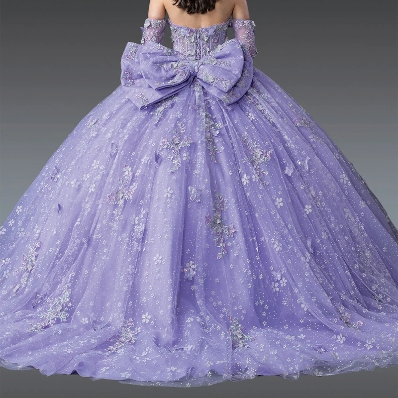 Lavender Shiny Quinceanera Dresses Ball Gown Off The Shoulder Applique Bow Beads Tull Party Birthday Sweet 16 Dress Vestidos 15 Anos