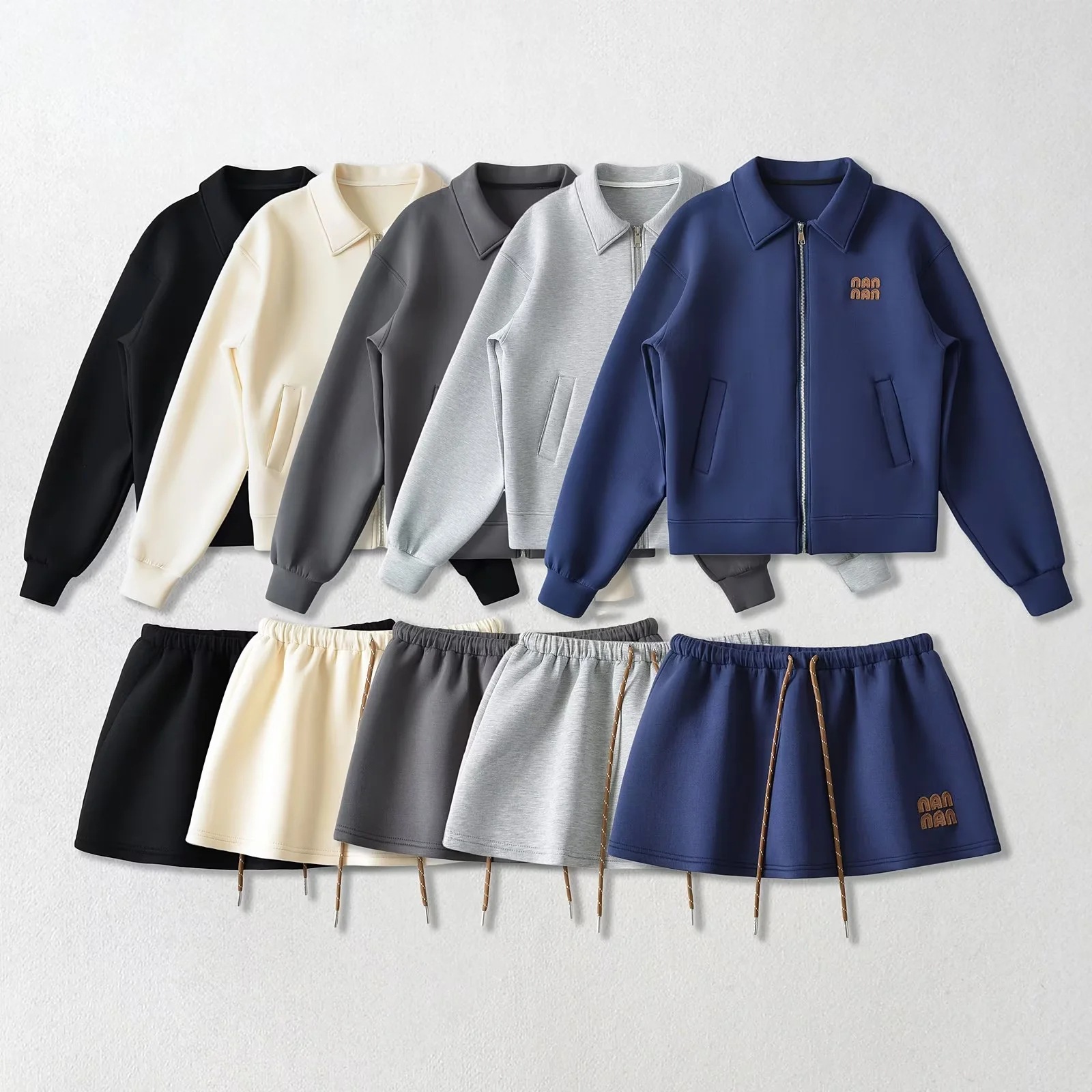 Free Shipping Loose Embroidered Tracksuit Lapel Zip Up Sports Hoodie Jacket Drawstring High-Waist Skirt Set For ladies 2025s Two Piece Dress