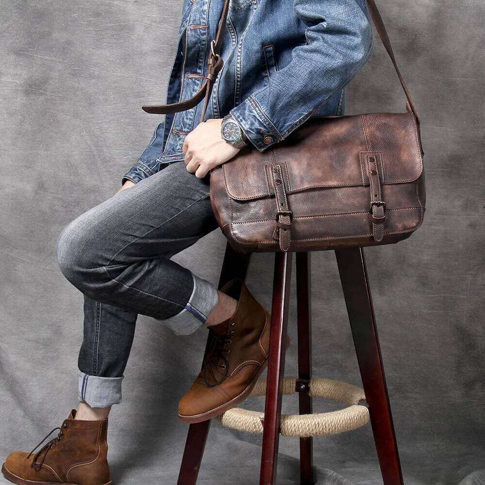 S.WORKER Vintage Genuine Leather Men's Briefcase Cowhide Messenger Bag Plant tainning Handbag Retro Casual Style