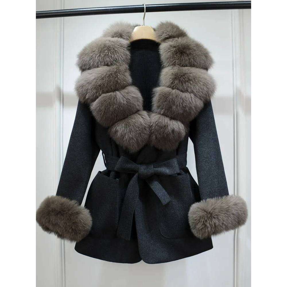 Designer Clothing Janveny New Winter Cashmere Wool Blends Women 100% Natural Fox Fur Collar Cuffs Slim Fit Suit Double Sided Woolen Trench Coat Fashio
