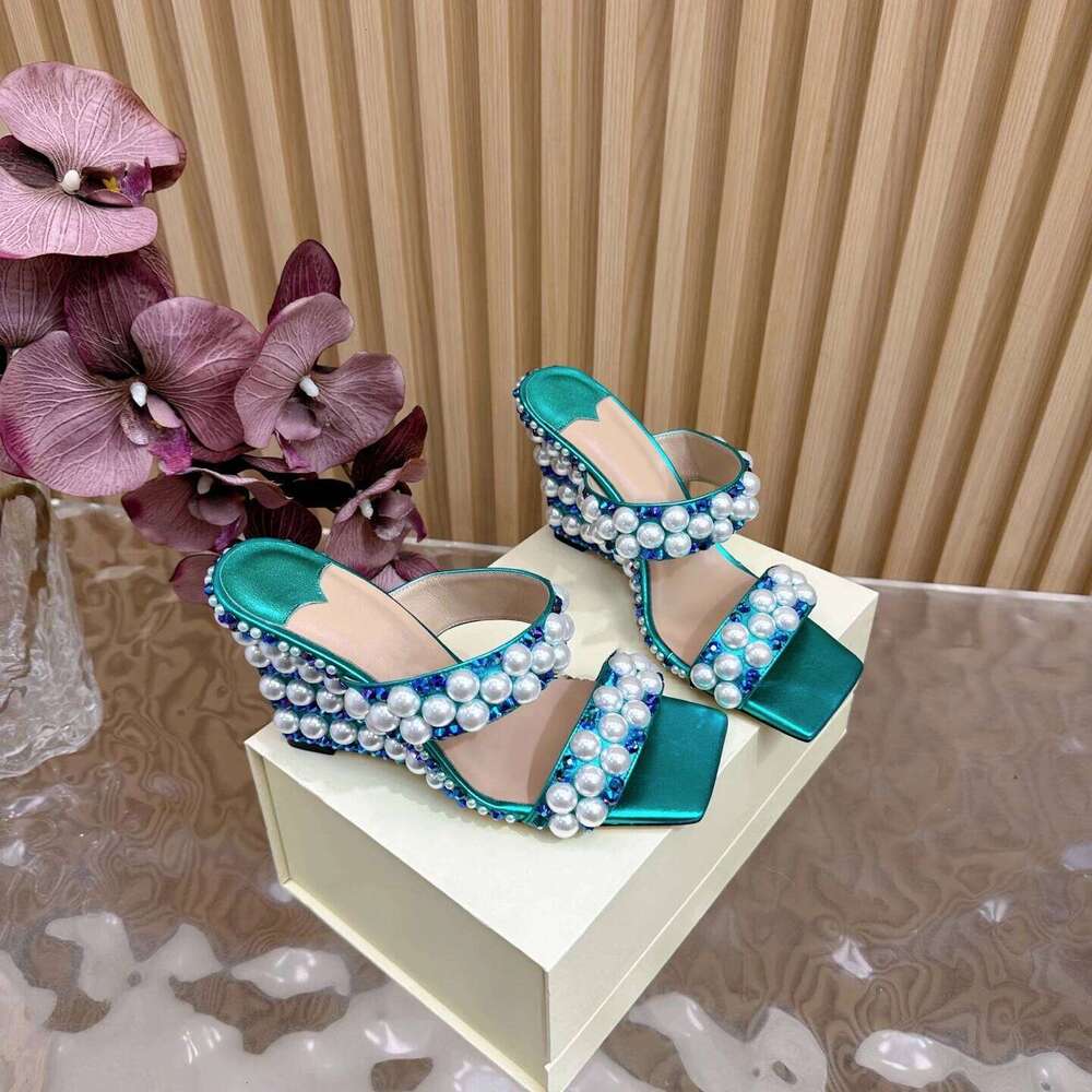 Women Size34-42 Genuine Leather Slippers Super High Heels Wedges Pearl Crystals Mules Designer Shoes Zapatillas De Mujer 475