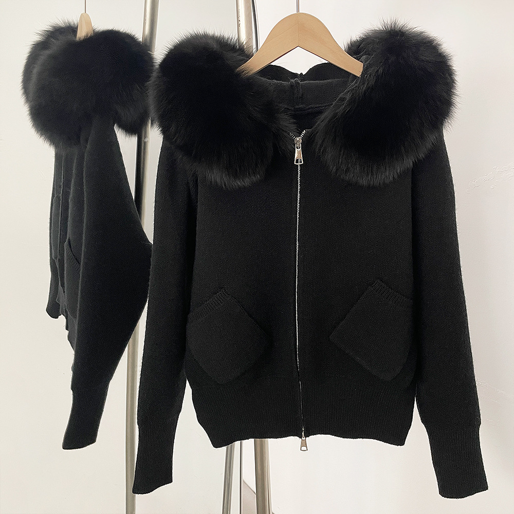 Knitted sweater cardigan jacket womens detachable oversized genuine fox fur collar new autumn winter style hooded knitted cardigan coat