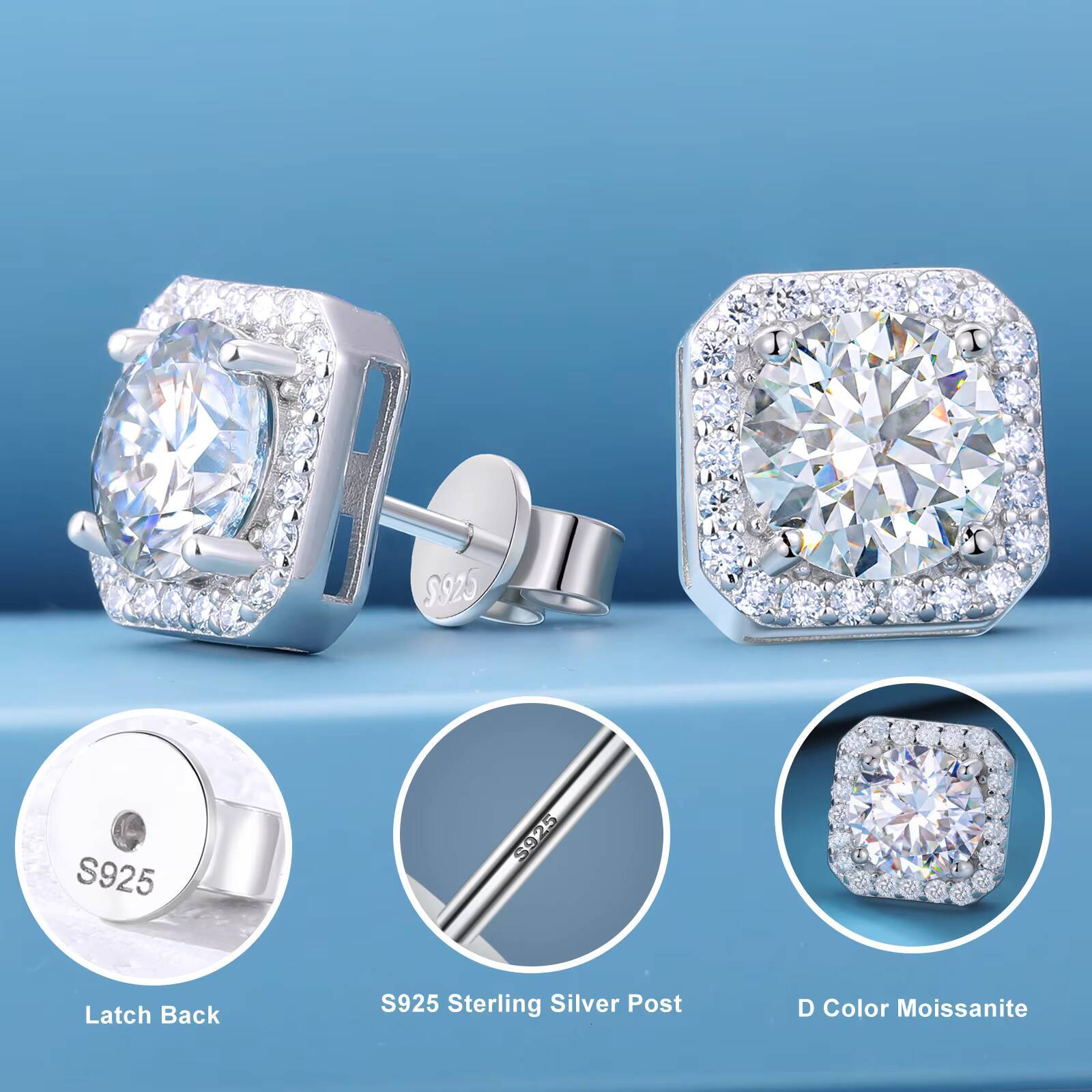 Jewelry 925 Sterling Silver VVS Moissanite Diamond Classic Square Halo Stud Earrings for Men Women