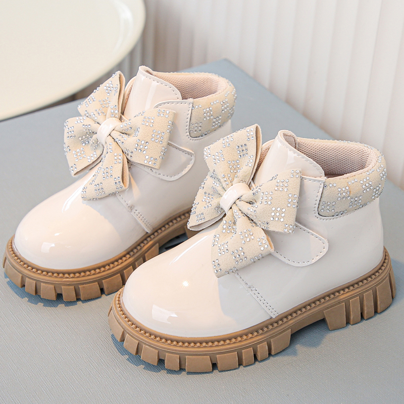 Sweet bow girls short boots glossy princess style children's boots cute baby leather boots