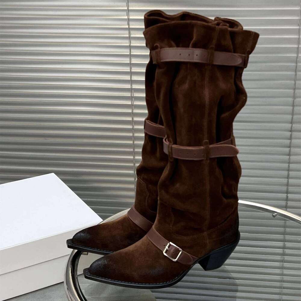 Women Size35-42 Genuine Leather Med Heels Natural Cow Suede Knight Boots Pleated Designer Shoes Zapatillas De Mujer 31b