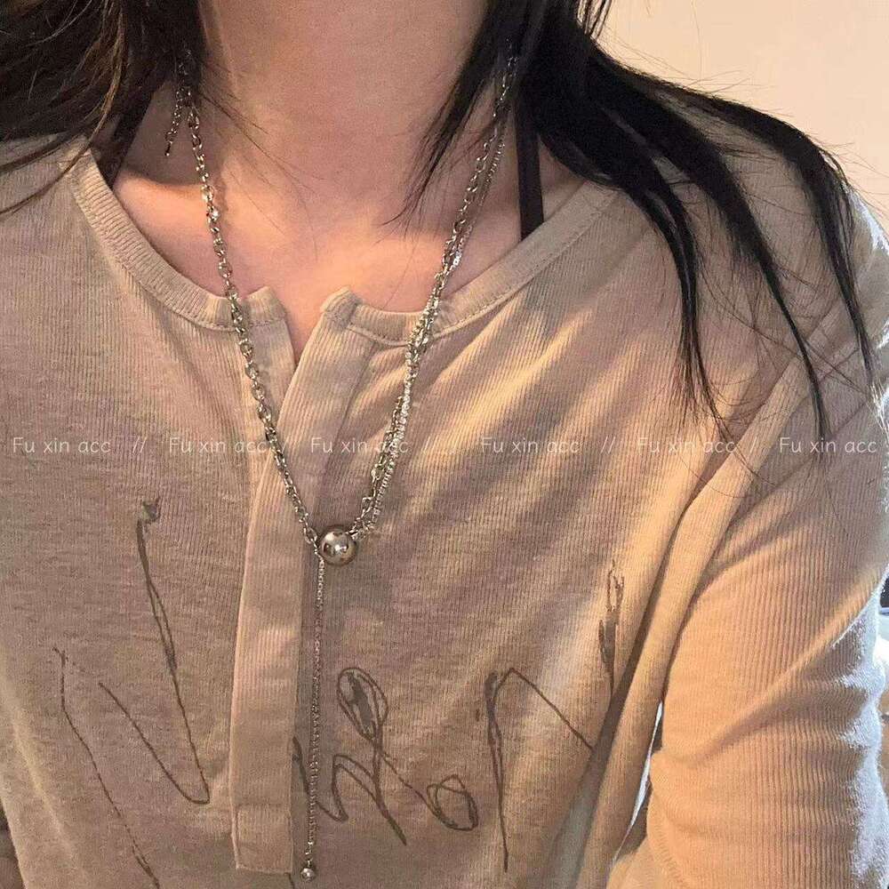 Metal Style Double Layer Stacked Double-Sided Dia Necklace Light High-End Round Bead Pendant Collarbone Trendy Sweater Chain 90f
