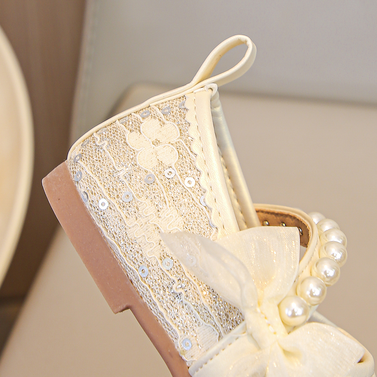 Girls Lace Princess Shoes Pearl Trip Bow Sequins Exquisite Little Leather Shoes