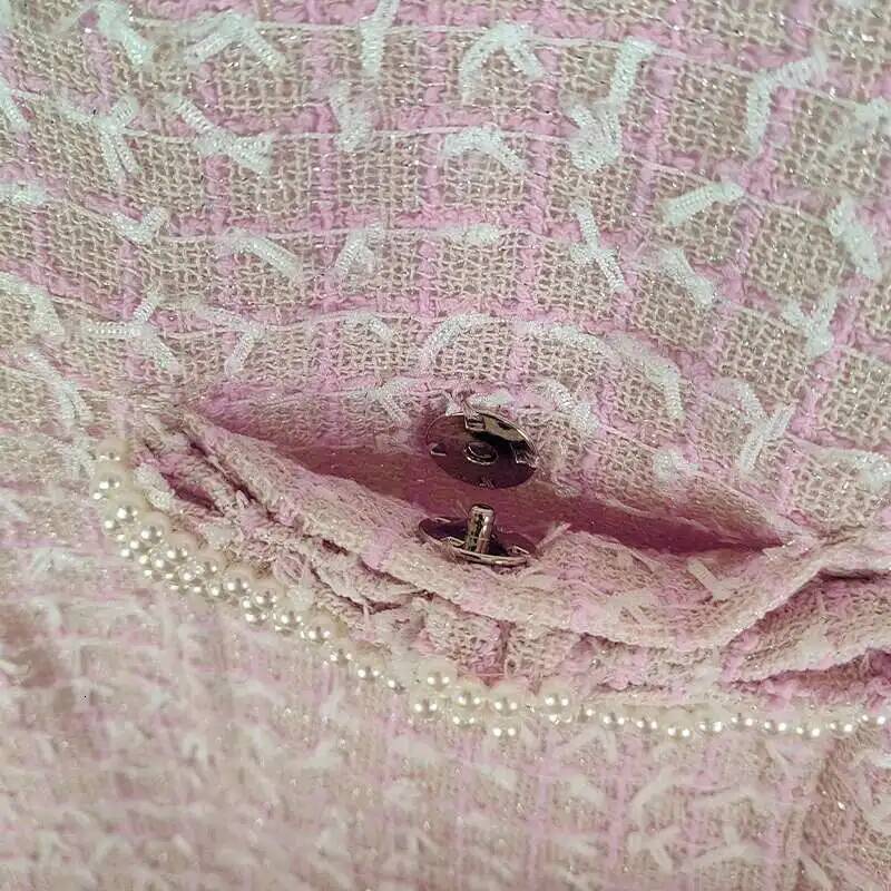 Short Tweed Dress Women's Pink Tank Pearl Bow Pocket Prom Party Vestido Mini Robe Tassels Sweet Evening Dresses dongdumaoyi