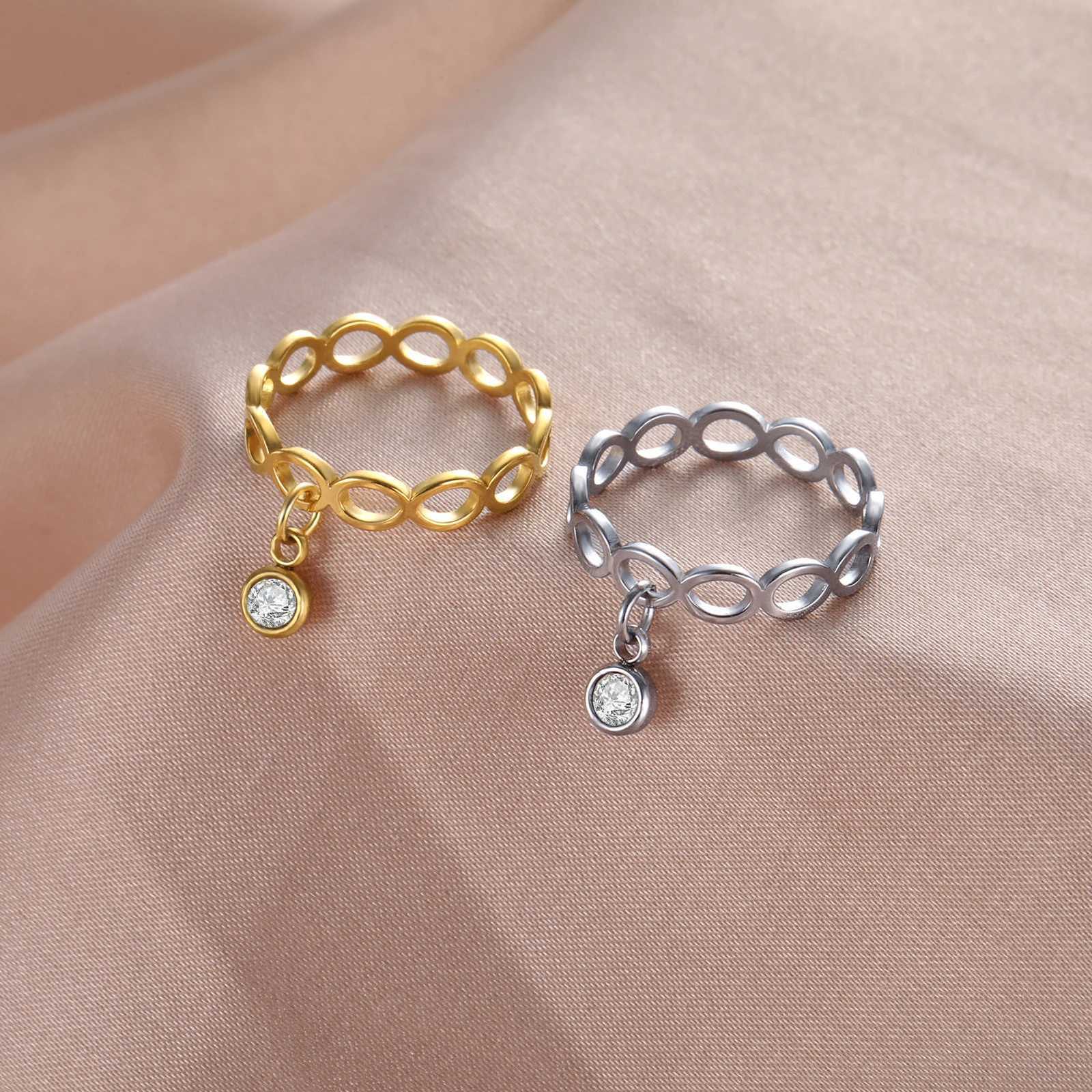 Stainless Steel Infinity Rings with Round Pendant Chain Women Engagement Geometric Rings Couple Jewelry Wholesale y250730