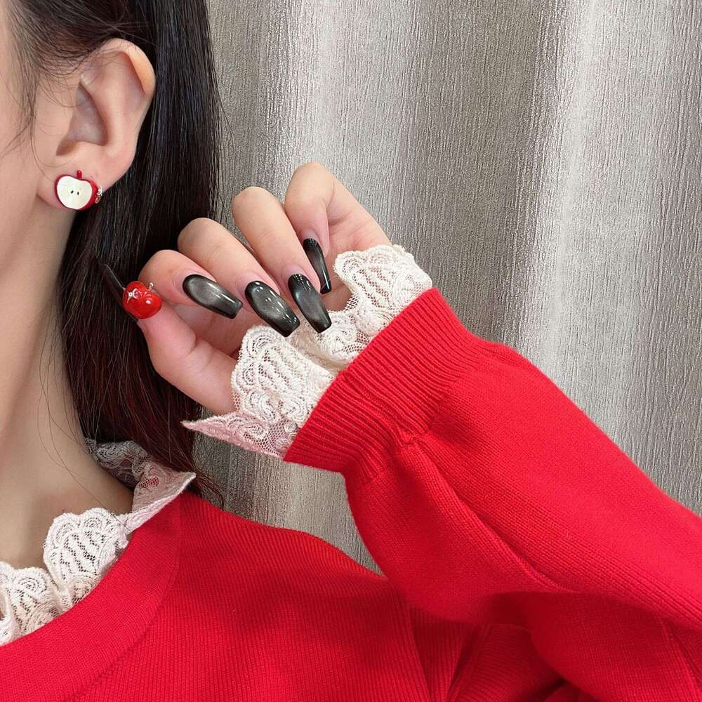 Flocked Ancora Red Apple Autumn Winter Cute Sweet Fun Design Elegant Versatile New Year Earrings 171