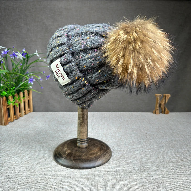 Fashion raccoon fur pompom hat for women High quality mix-Color Beanies Winter Hats for women Warm Female beanies 250730