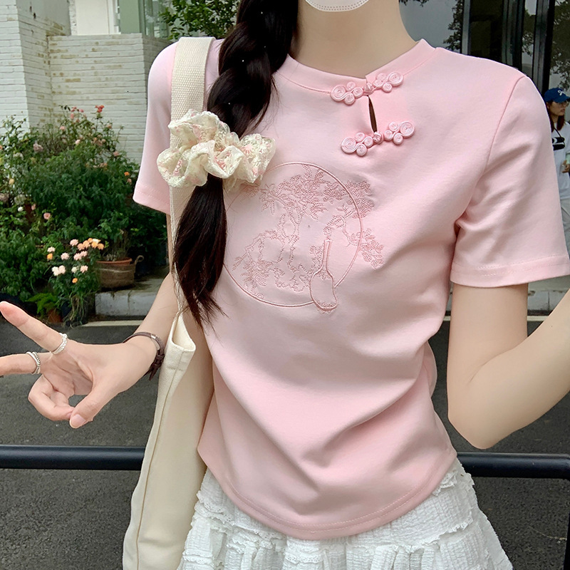 2025 Chinese embroidery short sleeved women's S T-shirt summer new design sense niche ethnic style button slim fit short top new designer T-shirt