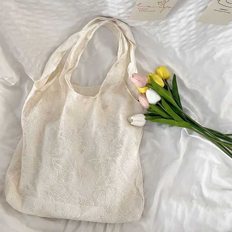 Lace Flowers Women Shoulder Bag Thin Polyester Ladies Shopping Handbags Solid Color Girs Book Bags Casual Female Travel Tote Y250730