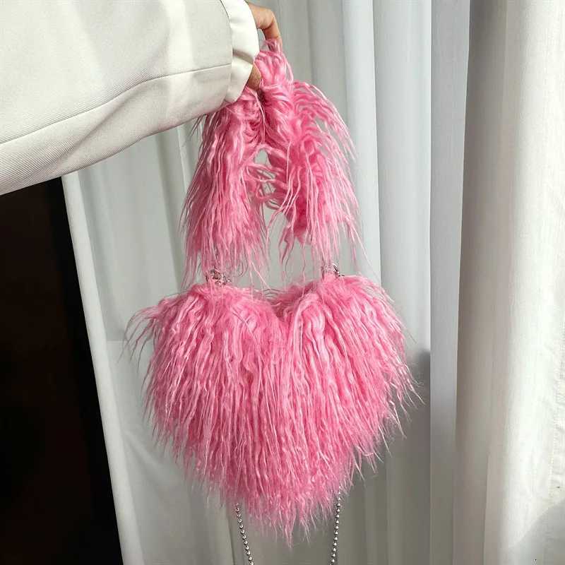 Faux Natural Fur-Ever Mongolian Furry Fur Heart Shape Oversized Tote Bags For Women Handbags With Long Shoulder Fur Straps G250729