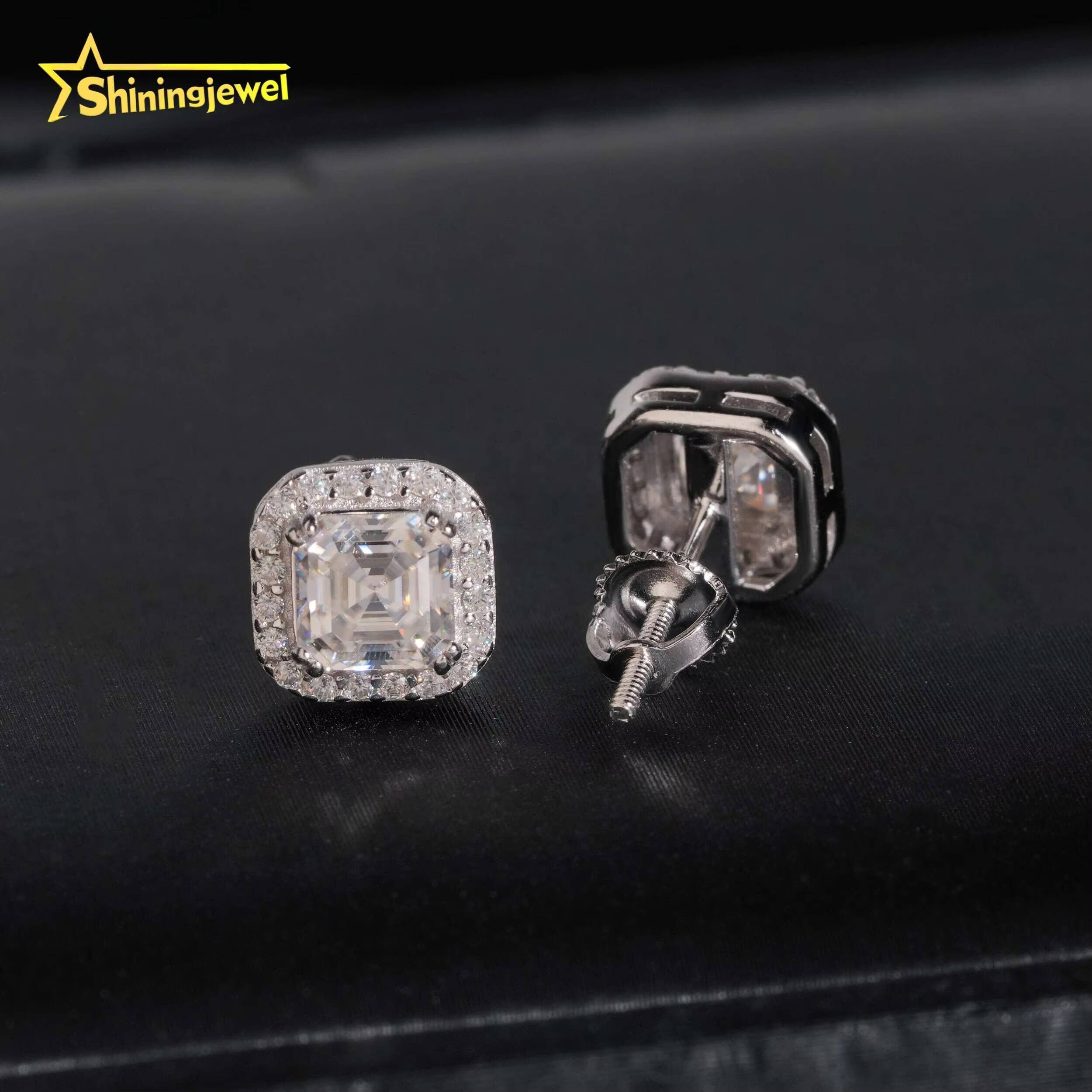 Hip Hop Jewelry Screw Back 925 Silver Halo Asscher Cut 5*5mm Mens VVS Moissanite Earrings