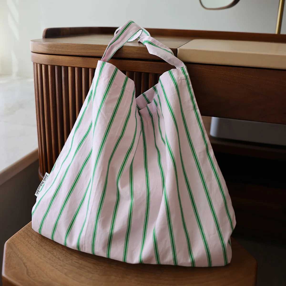 College style pink green striped shoulder bag simple versatile casual fabric tote bag canvas bag travel bag for women Y250730
