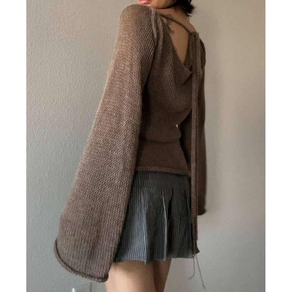 Designer Leisure High Quality Fashion Women's T-shirt Tie Back Sweaters Long Sleeve Boat Neck Solid Color Knit Pullover Casual Tops Streetwear Y2