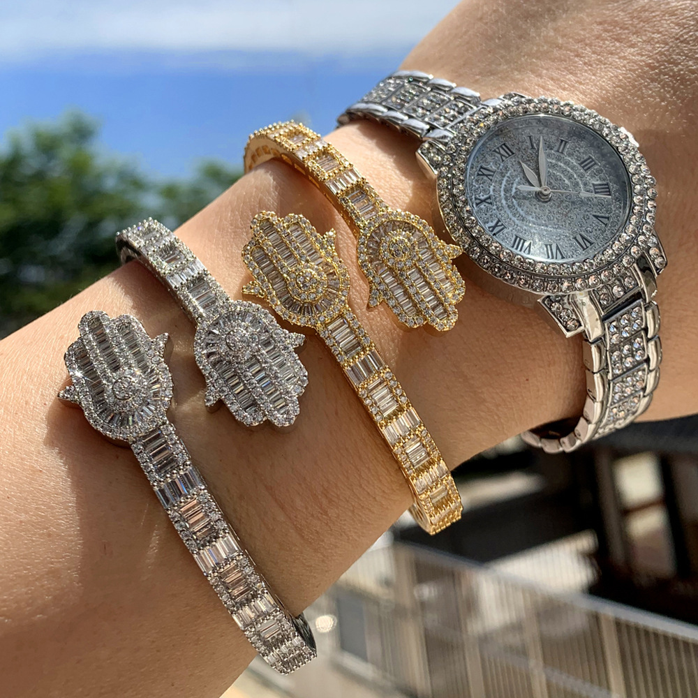 New Foreign Trade Open Madam Bracelet Inlaid With Zircon Palm Hamsa Shape Unisex Hip Hop Bracelet Designer Bracelet Jewelry In Stock