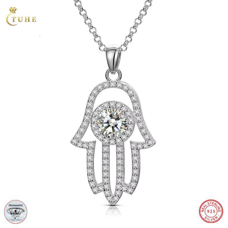 Fine Jewelry Gold Plated 925 Pure Silver VVS Moissanite Diamond Hamsa Hand Pendant Necklace With Chain