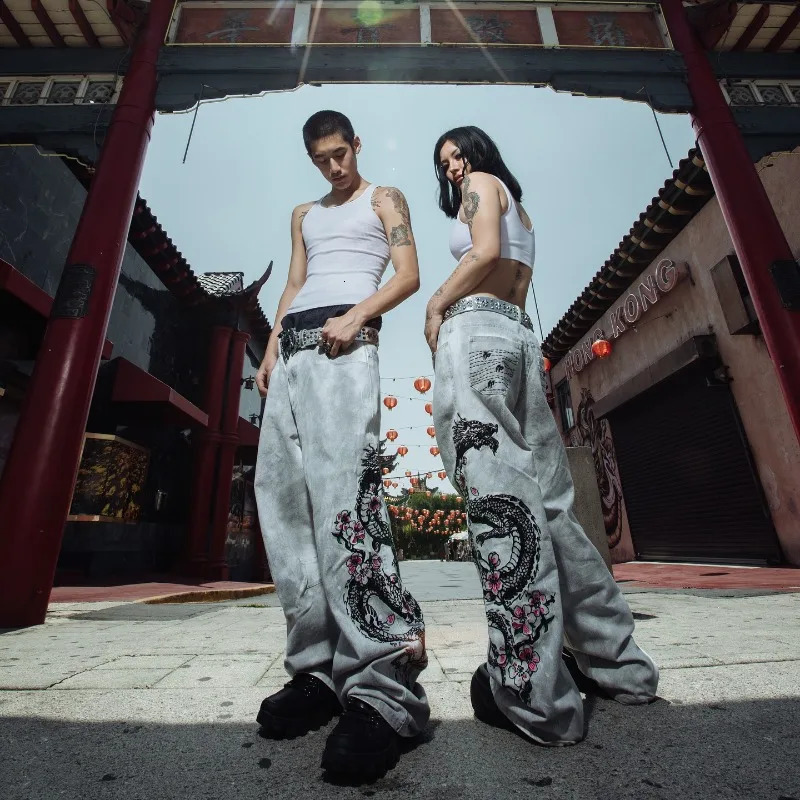 2K Fashion Street Vintage Hip Hop Oversized Pattern ed Baggy Jean Men Harajuku Rock Straight High Waist Wide Leg Pants 250731
