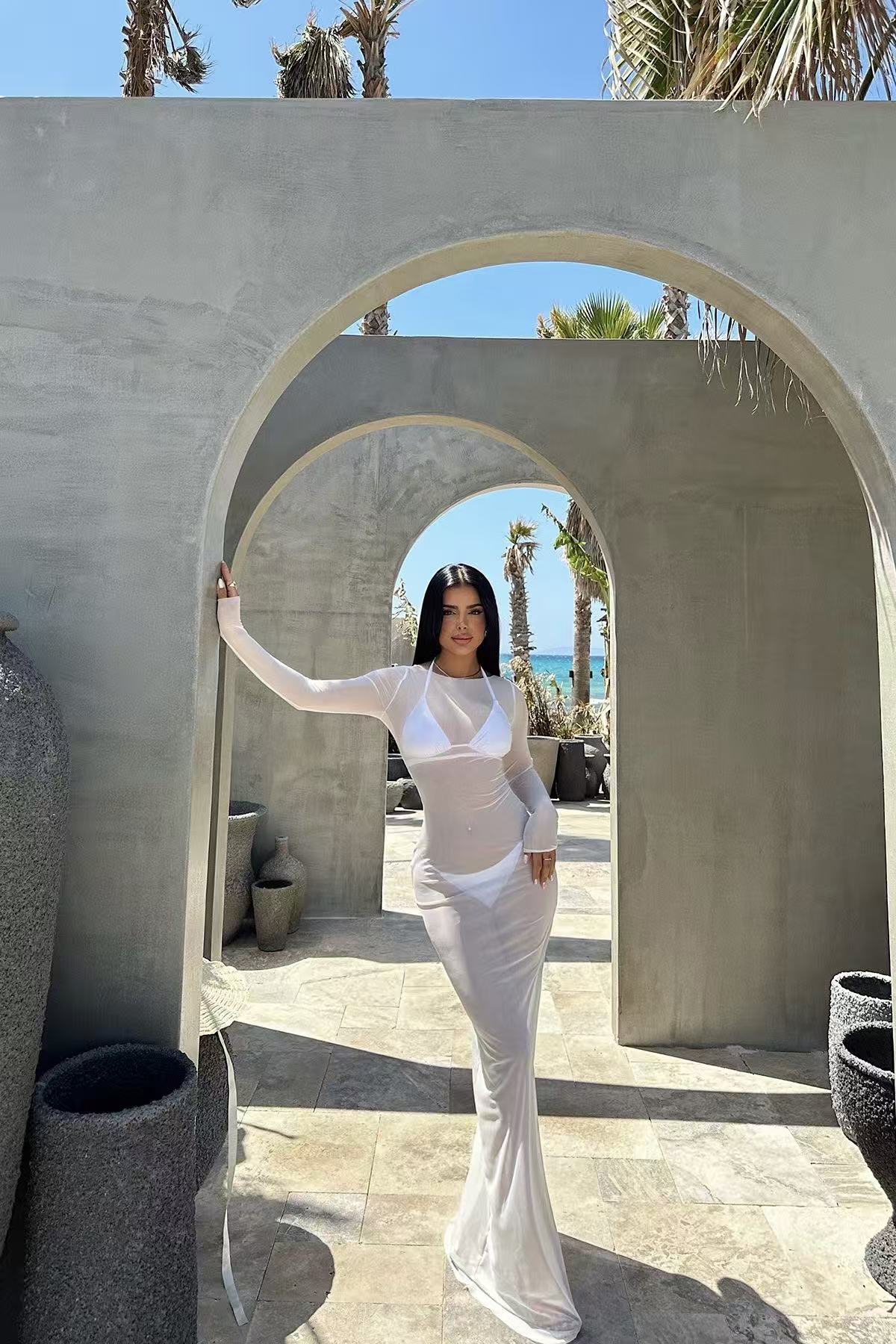 2025 Summer New European and American Style Sexy Women's Clothing, Slimming Mesh See-Through Off-the-Shoulder Long Sleeve Long Dress for Hot Girl