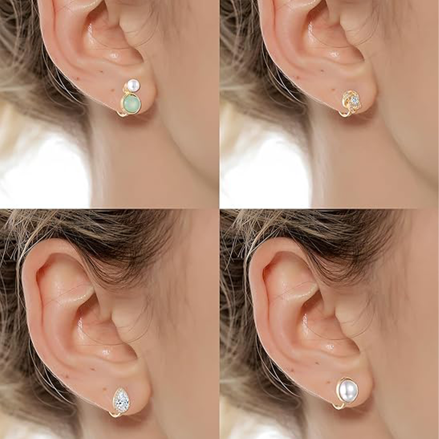 10Pairs Clip on Stud Earrings Non Pierced Teardrop Round Square CZ Pearl Twist Knot Flower Heart Star Rainbow Cat Opal Clip on Earrings for Women Gold