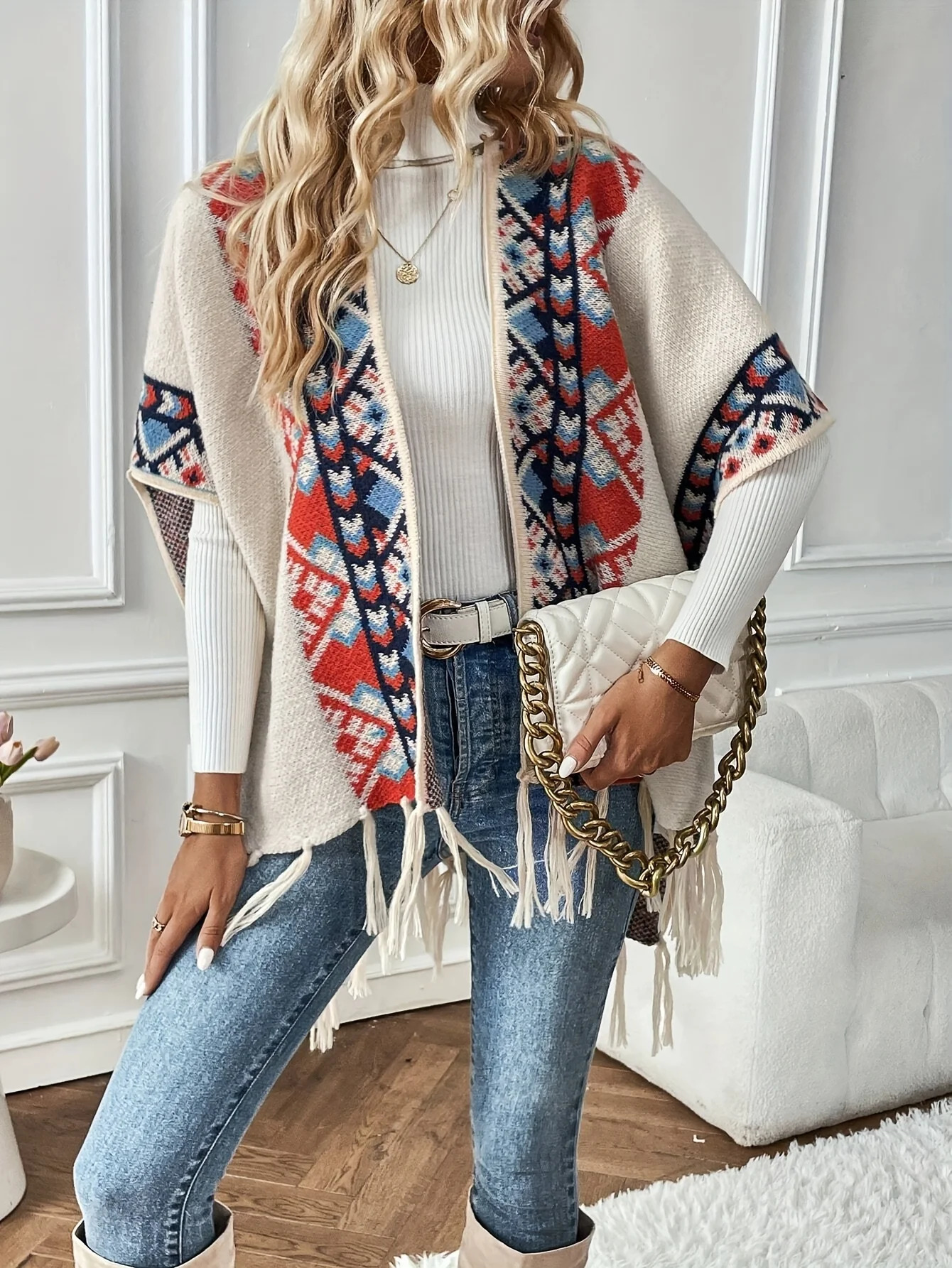 Womens Spring Fall Fashion Tassel Cardigan Collar Ethnic Style Retro Outer Cape Knitted Sweater 250730