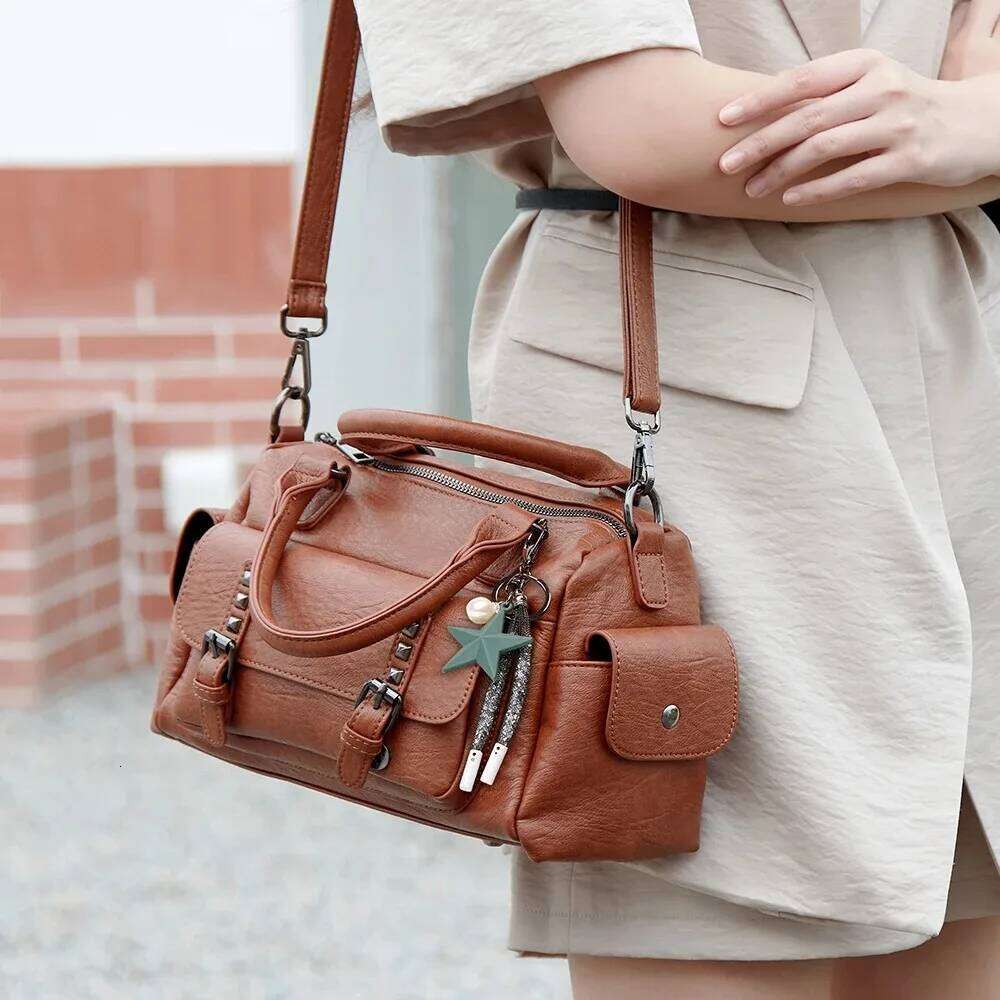 Vintage Multi-Pocket Design Leather Bolton Handbag with Pendant Tote Women's Shoulder Bag OLOEY