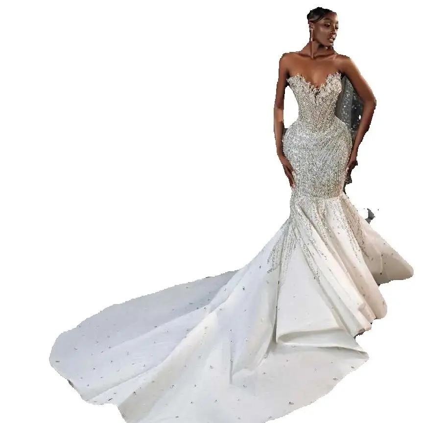 Royal Strapless Crystal Mermaid Wedding Dress Glitter Sequined Sleeveless Bridal Gown Lace Up Back Bride Dresses Customized