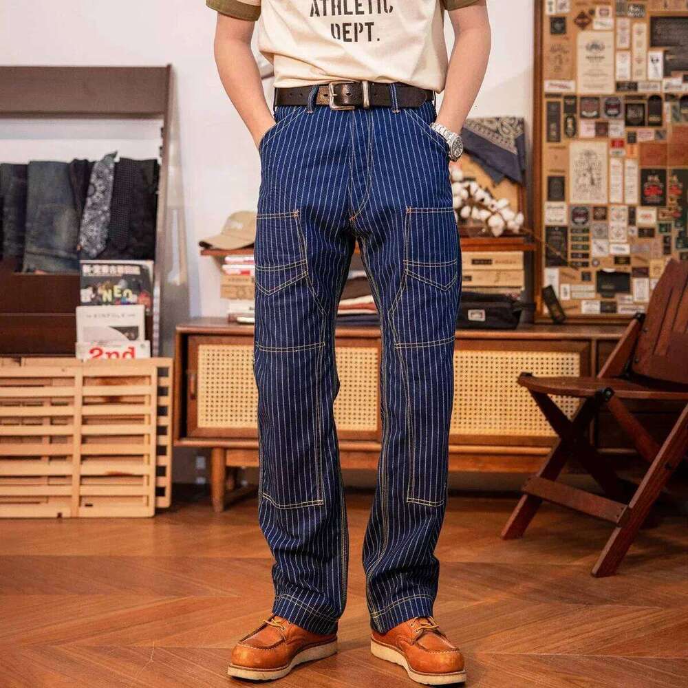Red Tornado Double-Front Indigo Wabash Stripes Canvas Pants Derrickman Overalls Ameki