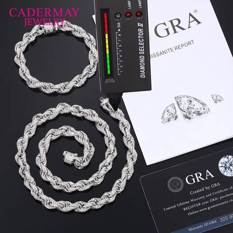 Cadermay Hiphop Jewelry 8mm 925 Sterling Silver DEF VVS Moissanite Rope Chain Iced Out Rope Diamond Chain Necklace for Gifts