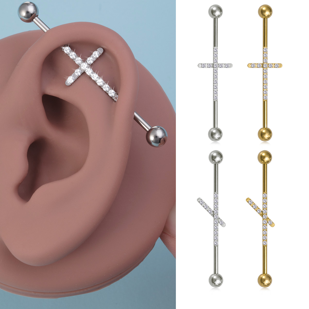 Cross inlaid zircon industrial pole ear bone nail stainless steel body puncture jewelry ear bone ring wholesale