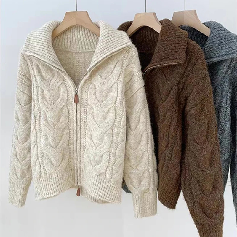Women Autumn Winter Lazy Style Loose Knitted Cardigan Retro Solid Color Double Zipper Turndown Collar Sweater Top 250730