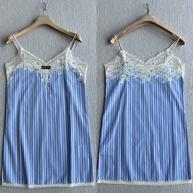 Designer Striped Lace Patchwork Dress Sexy Mini Vest Dresses Summer Loose Breathable Vacation Beach Dress
