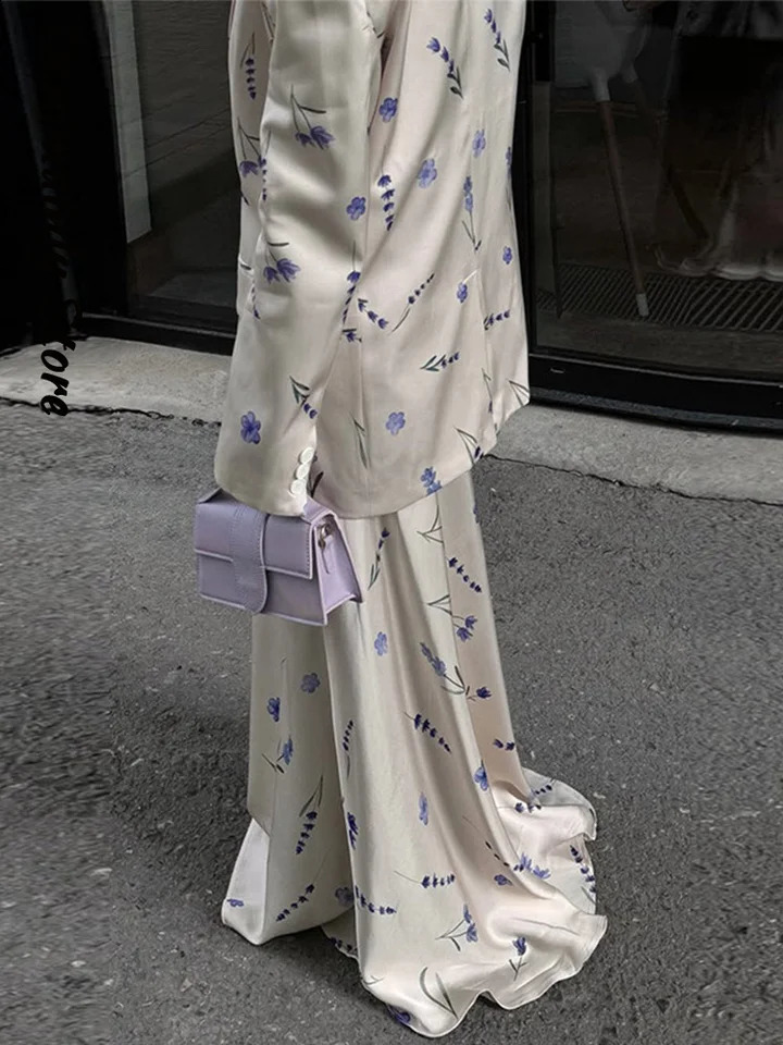 Elegant Print Jacket Skirt Set Women Lapel Full Sleeve Loose Coat Straight Long Skirts 2025 Autumn Lady Chic 2 Pieces Suit 250728