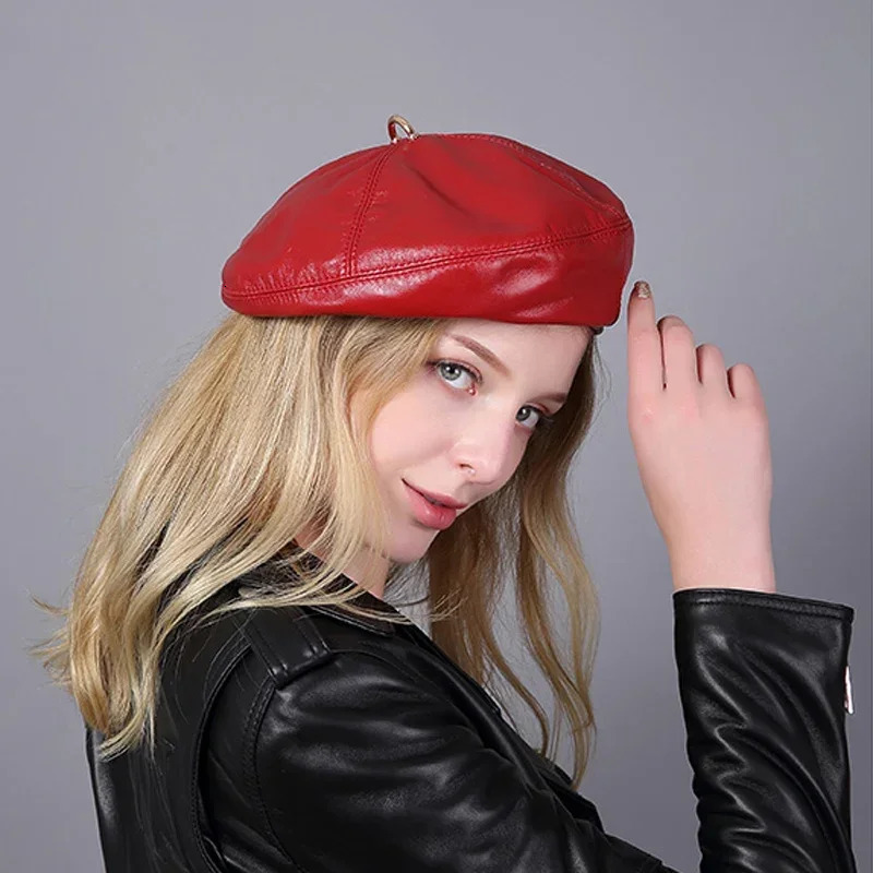 Spring 100% Real Leather Beret Hat Women Fashion European Pumpkin Painter Caps Female Rainbow Color White/Red 250730