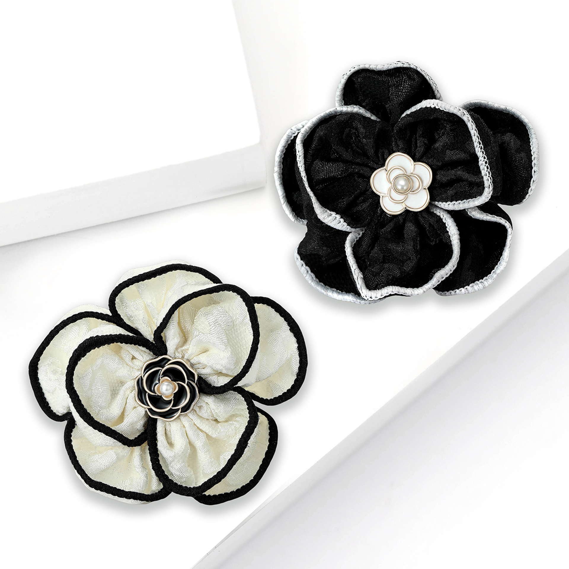 Gold Tone Fabric Flower Brooch With Black Trim, Enamel Center And Pearl Accent Elegant Party Jewelry And Gift For Her High Quality And Stylish Jewelry