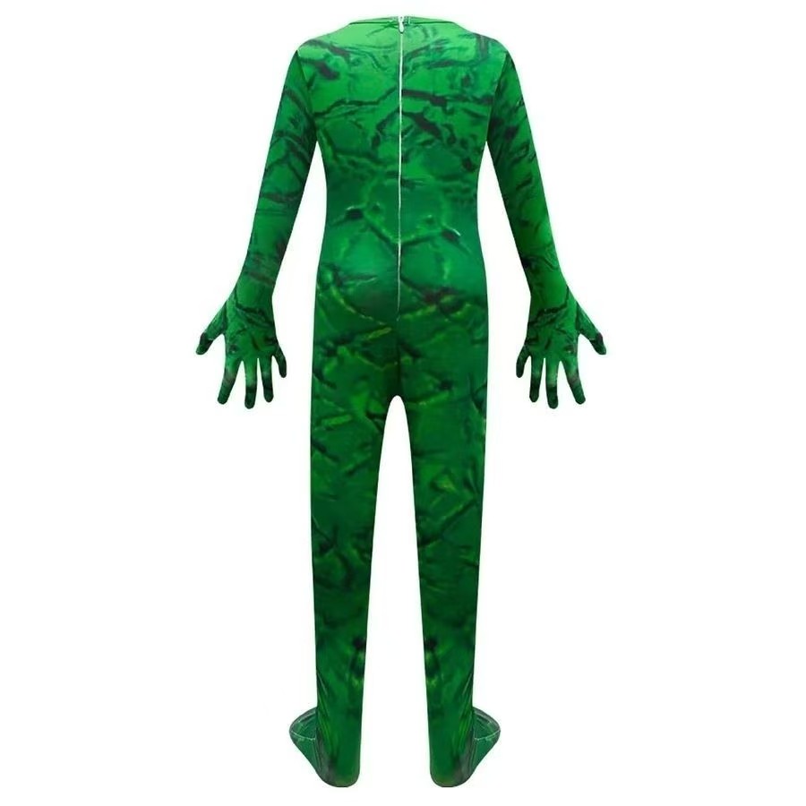 Children's Halloween cosplay costumes: green and red monster one-piece suit, funny mask, tight-fitting suit, boys' party role-playing perfor