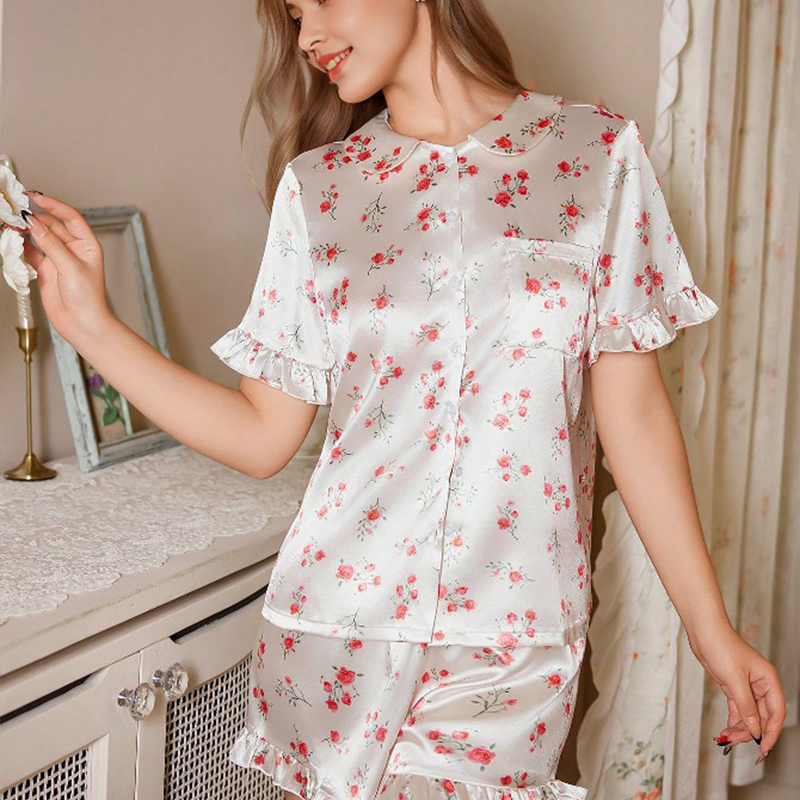 2025 New Women's Spring/Summer Silk Satin Country Style Floral Lace Short Sleeve Short Pants Pajama Set Homewear