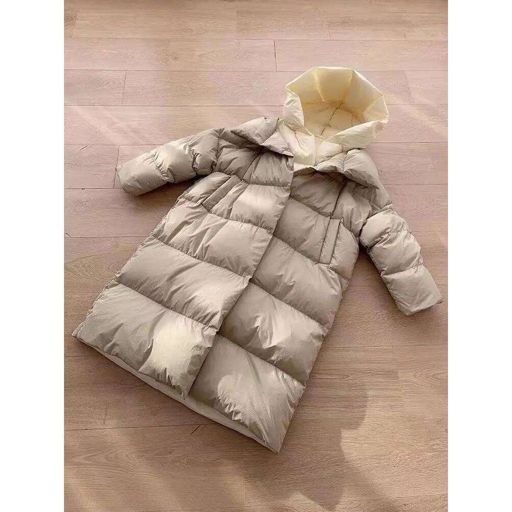 New White Duck Hooded Fake Two Piece Long Knee Down Jacket Winter Women's Warm Pike Coat 250728