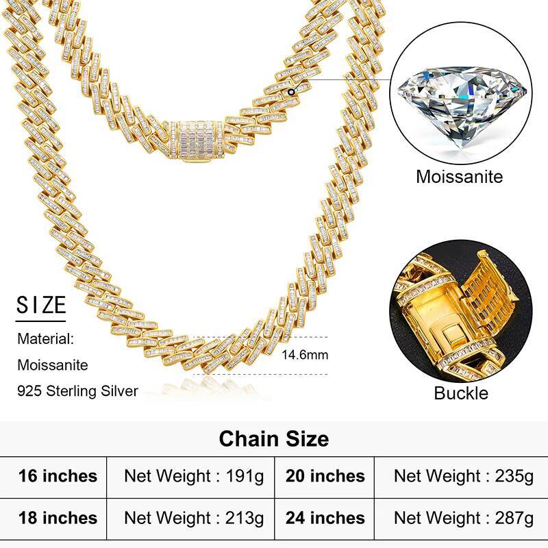 Wholesales Price Men Jewelry 14.6mm Gold Plated Moissanite 925 Sterling Silver Hip Hop Cuban Link Chain Necklace