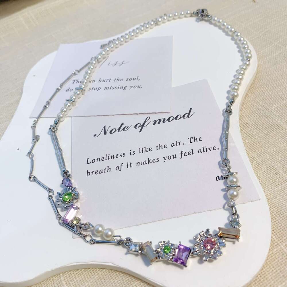 Dopamine Colorful Zircon Geometric Flower Necklace Niche Design Sweet High-End Hot Girl Accessory Collarbone Chain 4f6