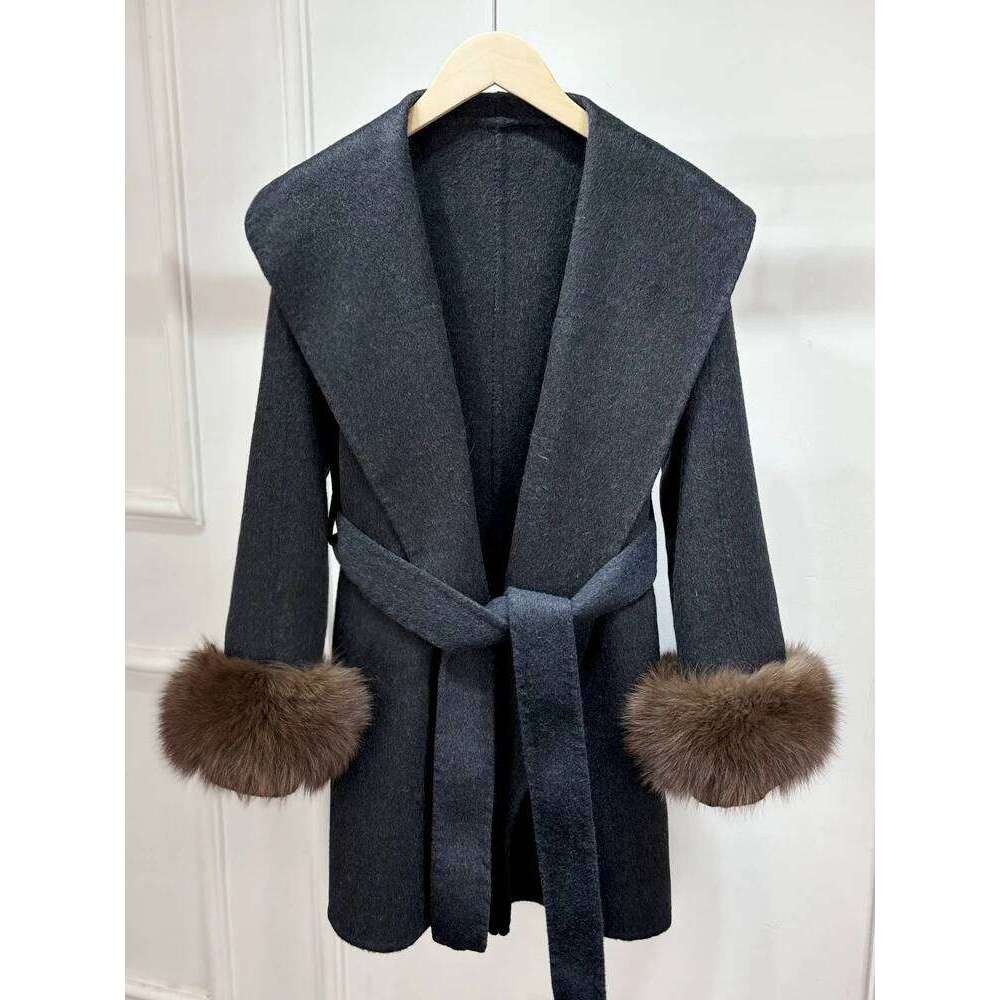 Designer Clothing Janveny 2025 New Winter Real Natural Fox Fur Cuff Ladies Outwear Female Cashmere Wool Coat Outerwear Women Woolen Jacket Fashion
