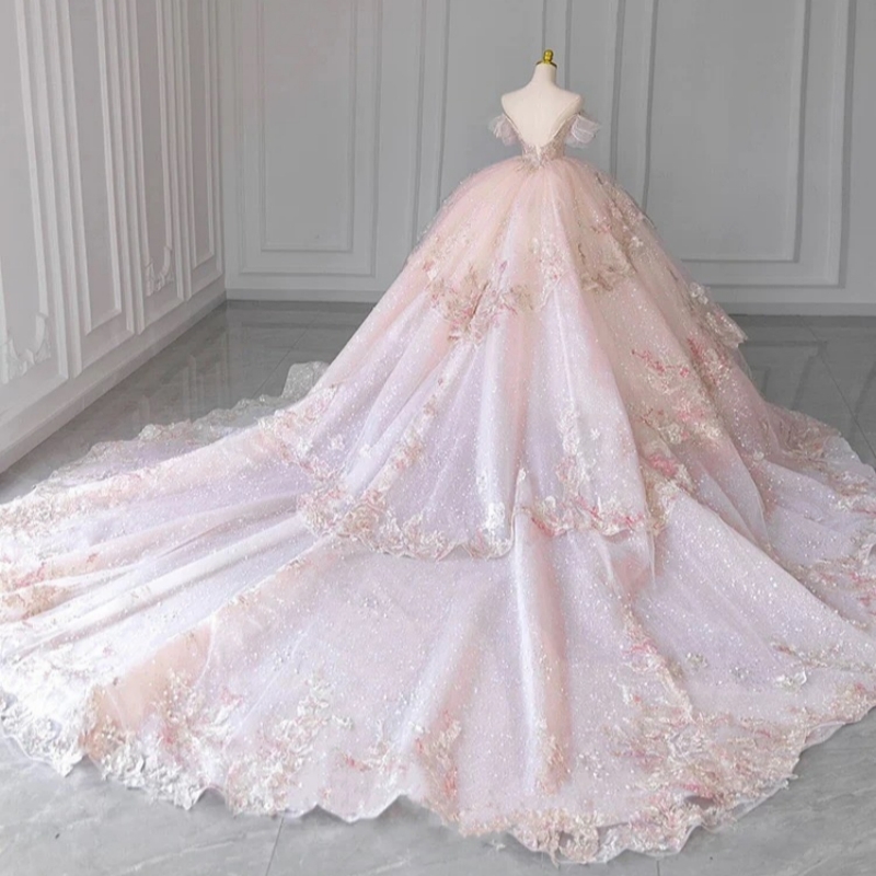 Pink Shiny Quinceanera Dresses Off The Shoulder Sequin Applique Lace Beading Crystal Tull Ball Gown Vestidos De 15 Anos Sweet 16 Dress