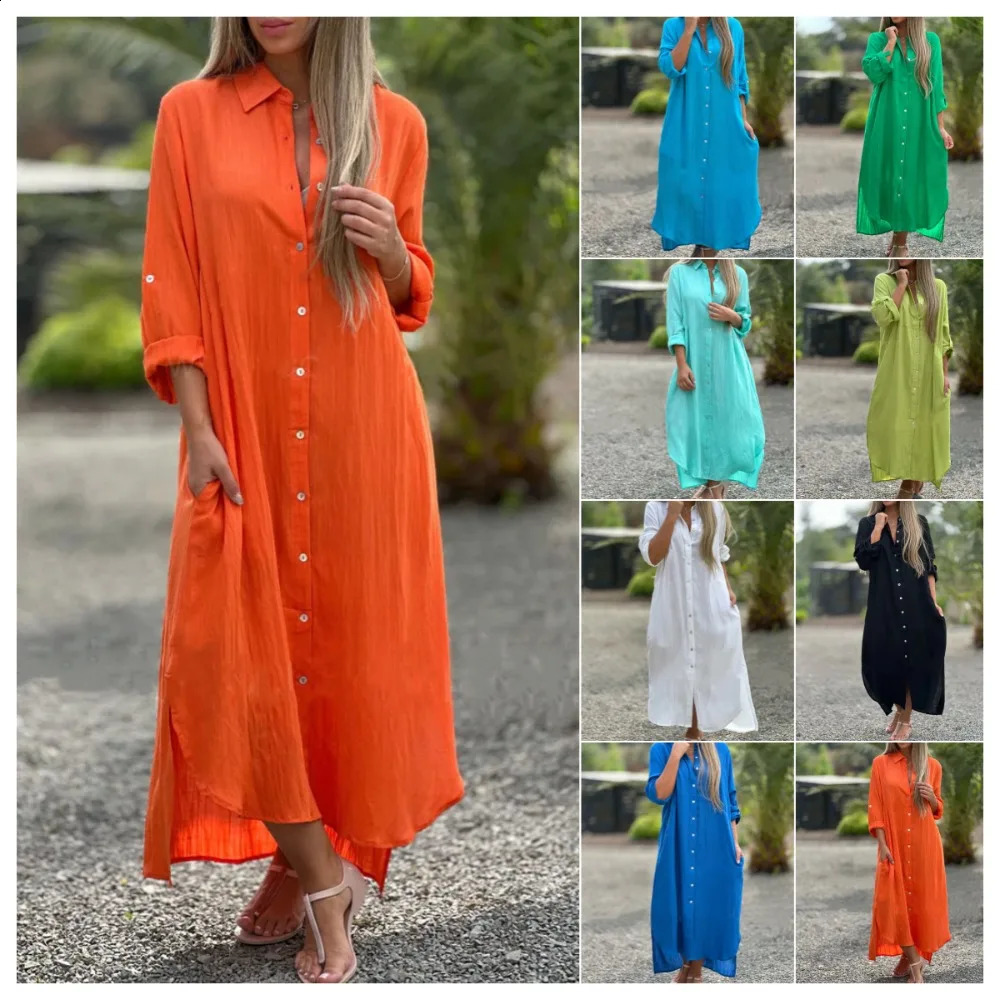 Womens Dress Cotton Linen Shirt Long Skirt Fashion Casual Long Sleeve Cardigan Dress 250725